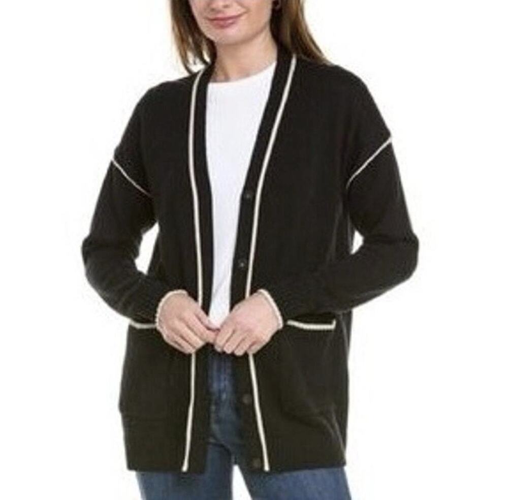Cabi Black Cardigan Sweater Women's Medium Letterman Library Contrast Trim